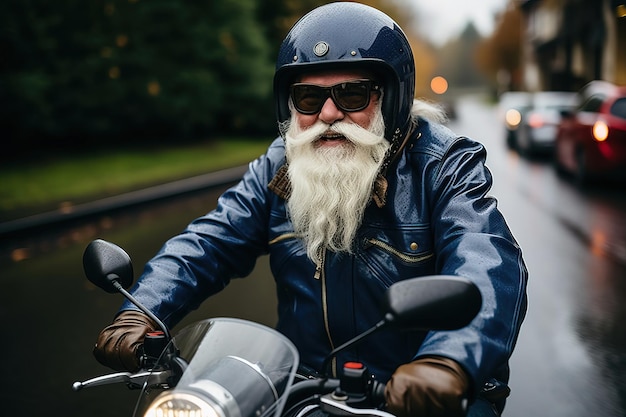 Starszy motocyklista w niebieskiej kurtce i kasku przypominający Świętego Mikołaja siedzącego na motocyklu na ulicy