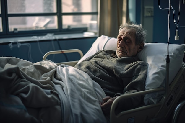 Starszy pacjent śpi na łóżku na oddziale szpitalnym Mężczyzna w sali rehabilitacyjnej Sala szpitalna Generatywna ai