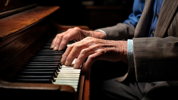 Starszy pianista sentymentalna melodia na starożytnym pianinie wywołuje nostalgię