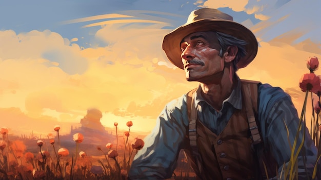 Starszy rolnik na polu przeciwko niebu