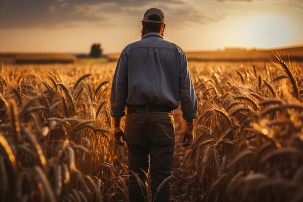 Starszy rolnik patrzący na piękny krajobraz na polu pszenicy przy zachodzie słońca AI Generative