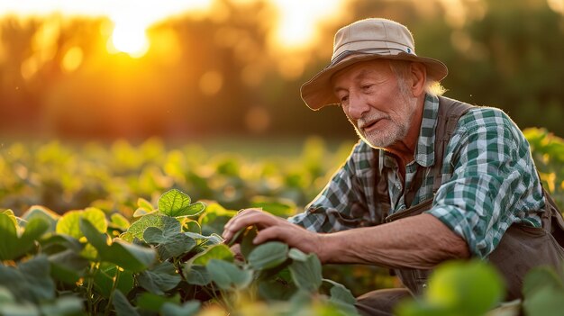 Starszy rolnik sprawdzający swoje uprawy na polu z dużą przestrzenią do kopiowania Generacyjna sztuczna inteligencja