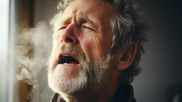 Zdjęcie starszy starszy mężczyzna chory i kaszel z powodu toksycznych oparów
