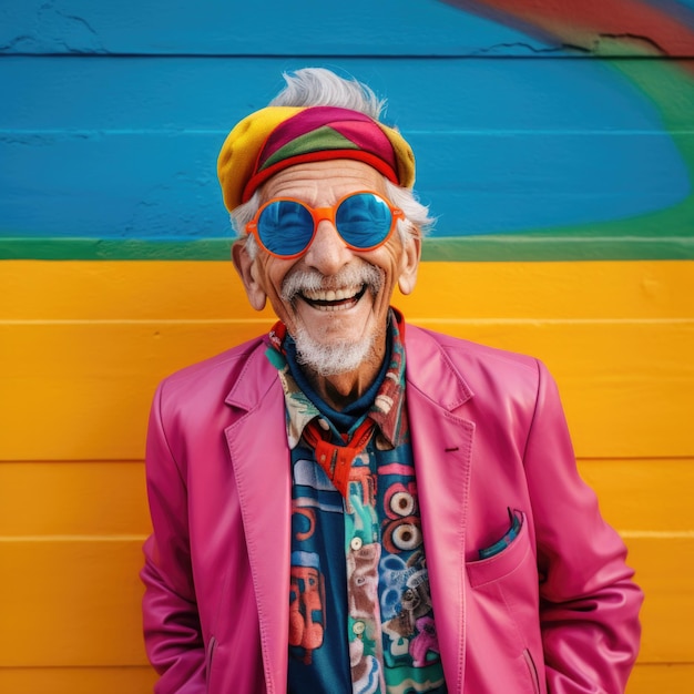 Zdjęcie starszy staruszek szczęśliwy wyraz twarzy przeciwko grunge kolorowe graffiti na ścianie ai wygenerowany