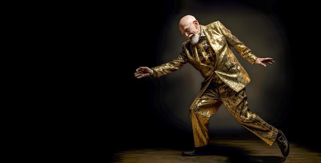 Starszy szczęśliwy mężczyzna tańczący z radością w złotym błyszczącym garniturze wolna kopia przestrzeń na ciemnym tle AI generowane
