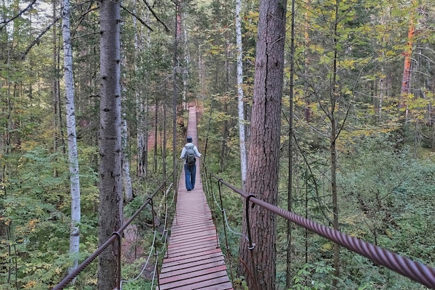 Starszy turysta płci męskiej chodzenie po moście wiszącym w lesie Park przyrody Deer strumieni Rosja