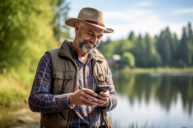 Starszy turysta płci męskiej patrzący na mapę na smartfonie nad jeziorem w ciągu dnia