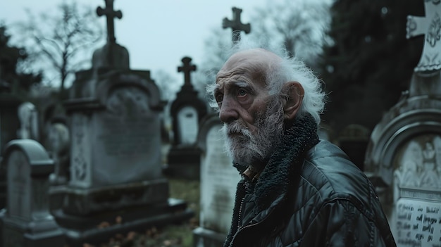 Staruszek opłakuje stratę na cmentarzu. Milczący smutek na cmentarzy.