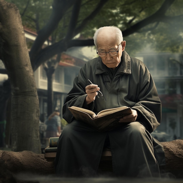 staruszek siedzi na ławce i czyta książkę.