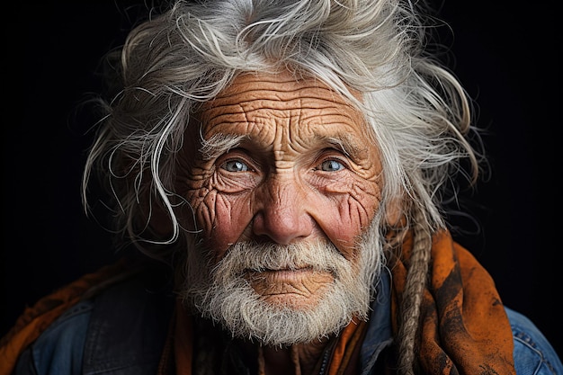 Zdjęcie staruszek w miejskiej kawiarni odzwierciedlający wzrok oświetlenie ciemny portret tła