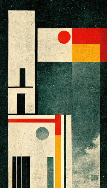 Stary abstrakcyjny plakat Bauhaus na grunge żółty papier vintage retro stile geometryczne kształty linie kwadraty czarny turkusowy ciemny niebieski pomarańczowy żółty szary kolorowe tło z miejsca kopiowania tekstu