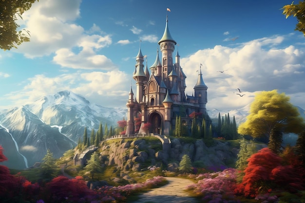 Stary bajkowy zamek na wzgórzu Ilustracja fantasy Generująca sztuczna inteligencja
