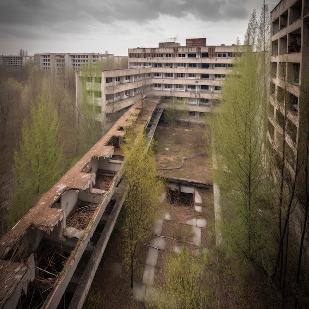 Zdjęcie stary budynek z dużą ilością trawy i drzew na pierwszym planie.