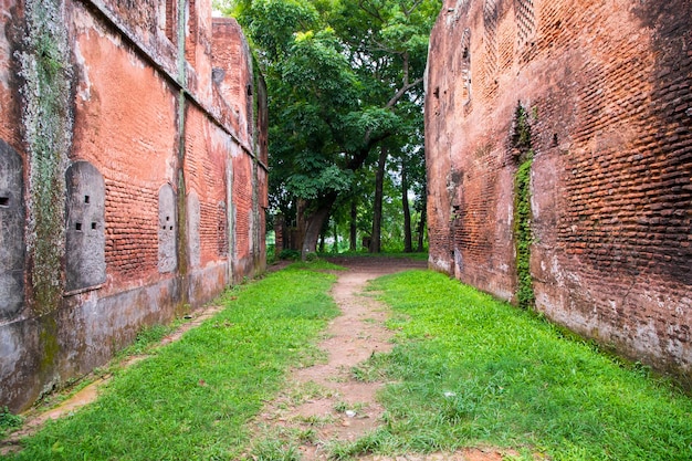 Stary ceglany mur z zieloną trawą przy panam nagar Sonargaon Narayanganj Bangladesz