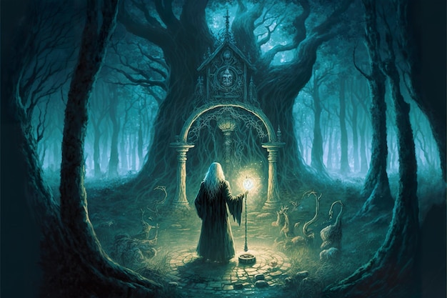 Stary czarodziej rzucający zaklęcie w mistycznym lesie