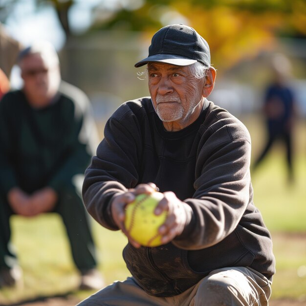 Stary człowiek gra w baseball.