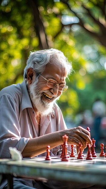 stary człowiek grający w szachy z uśmiechem na twarzy