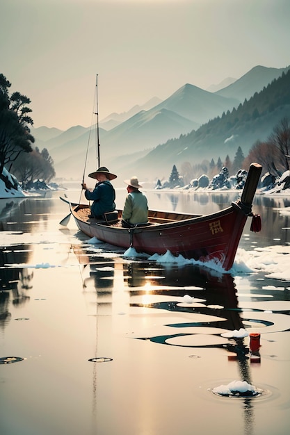 Stary człowiek łowiący w łodzi z domami, drzewami, lasami i śnieżnymi górami nad rzeką.