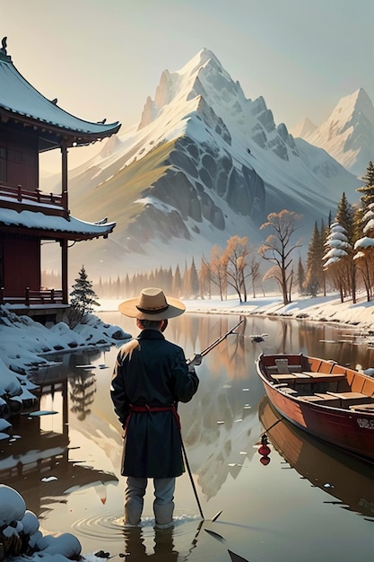 Stary człowiek łowiący w łodzi z domami, drzewami, lasami i śnieżnymi górami nad rzeką.