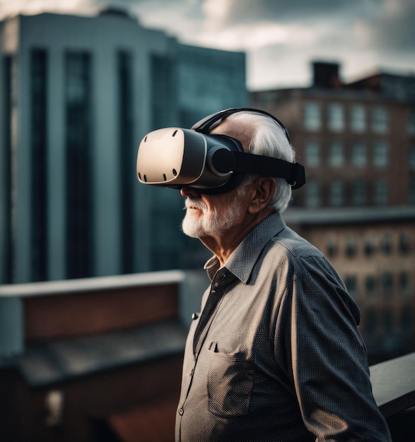 stary człowiek na dachu w goglach VR wygenerowany przez sztuczną inteligencję