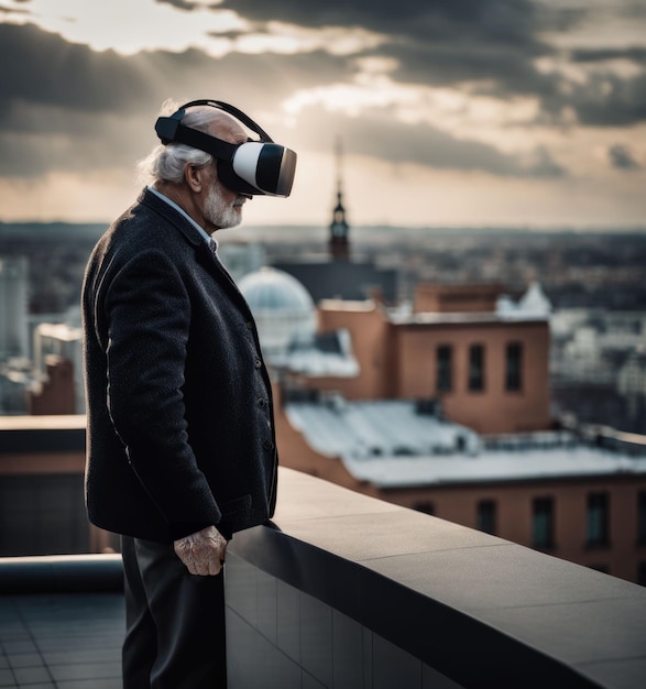 stary człowiek na dachu w goglach VR wygenerowany przez sztuczną inteligencję
