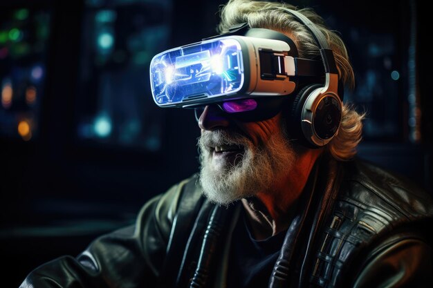 Stary człowiek noszący słuchawki VR użytkownik surrealistyczny świat i wirtualna rzeczywistość kolorowe pola kwiatów Generatywna sztuczna inteligencja