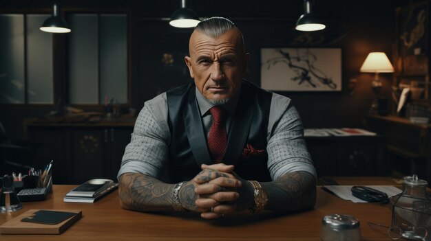 Zdjęcie stary człowiek siedzący przed biurkiem z tatuażami