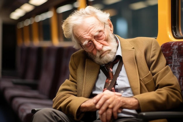 stary człowiek siedzący w pociągu z zamkniętymi oczami