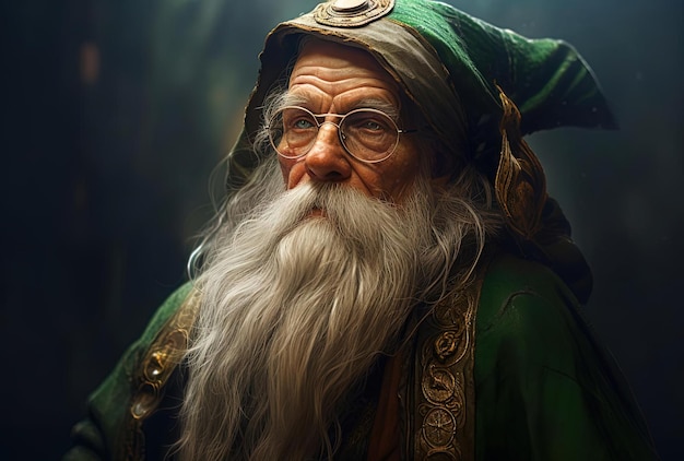 Stary człowiek w zielonej szlafroku w stylu hiperrealistycznej fantazji.