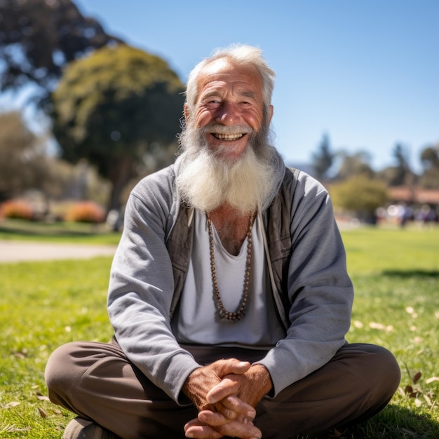 Stary człowiek z długą białą brodą siedzi na trawie i uśmiecha się.