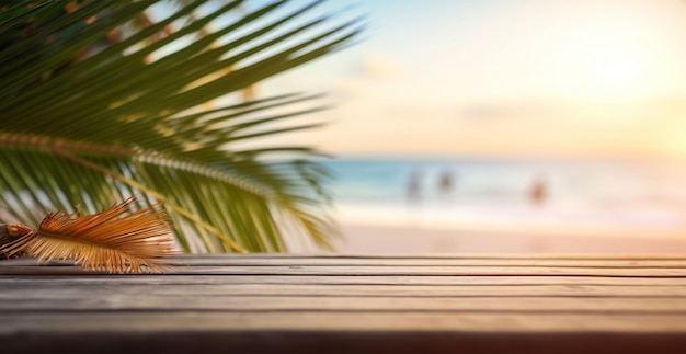 Stary drewniany blat na tle niewyraźnej panoramicznej plaży z liśćmi palmy kokosowej Koncepcja wakacje Summer Beach Sea AI wygenerowany obraz