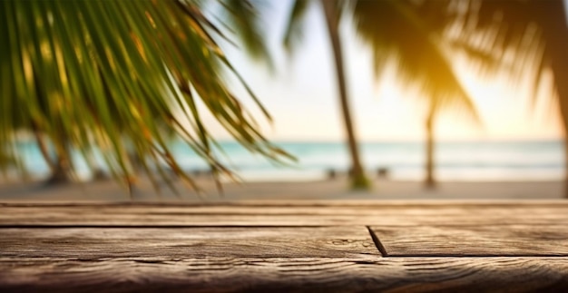 Stary drewniany blat na tle niewyraźnej panoramicznej plaży z liśćmi palmy kokosowej Koncepcja wakacje Summer Beach Sea AI wygenerowany obraz