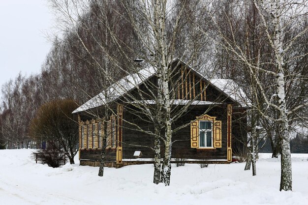 Stary drewniany dom z szarych bali Z pięknymi żółtymi oknami i okiennicami Zimowy rosyjski krajobraz Pokryte śniegiem drzewa Opuszczona stara rosyjska wioska pokryta śniegiem