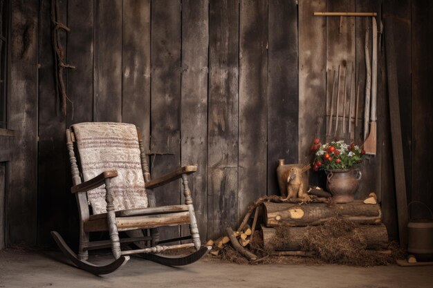 Zdjęcie stary drewniany krzesło kołyszące się na rusztyczną ścianę stodoły