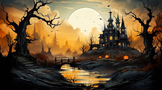 Stary drewniany nawiedzony dom z dyniami w strasznym ciemnym lesie Koncepcja Halloween w pełni księżyca