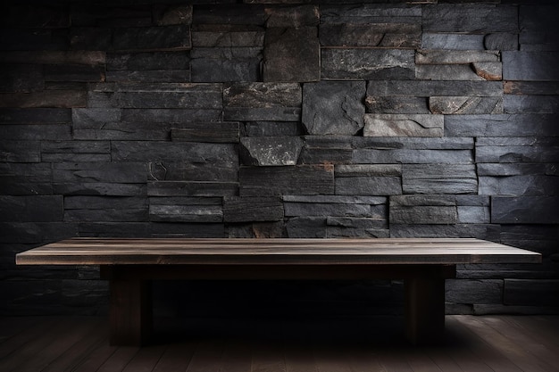 Zdjęcie stary drewniany stół z akcentami z czarnego kamienia