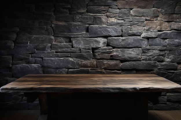 Zdjęcie stary drewniany stół z czarnym kamieniem na wierzchu