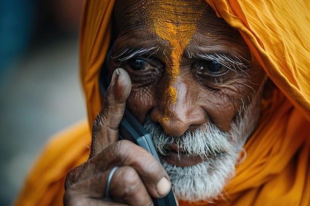 Stary indyjski mnich rozmawiający przez telefon w zbliżeniu