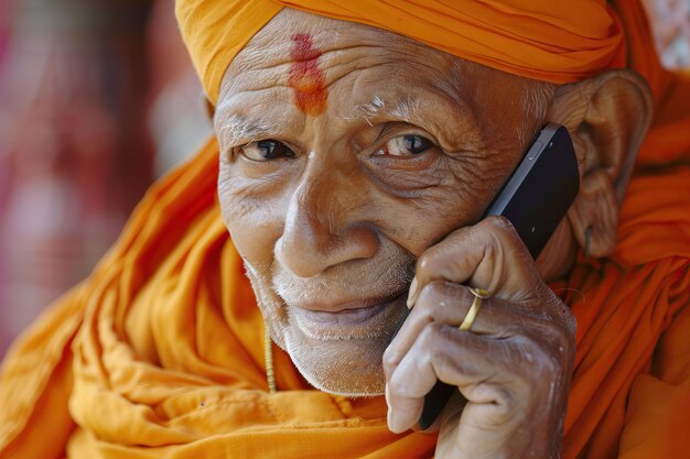 Stary indyjski mnich rozmawiający przez telefon w zbliżeniu