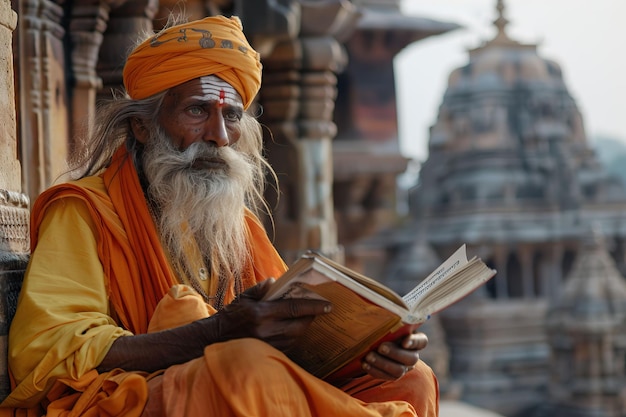Stary indyjski święty sadhu siedzi i mówi święte teksty w pobliżu świątyni