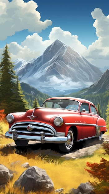 Stary klasyczny czerwony samochód z górami i wzgórzami na tle