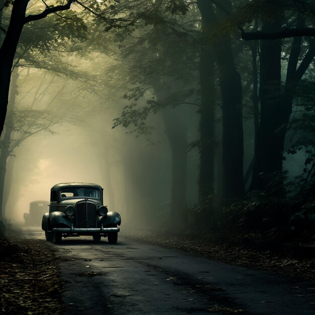 Stary klasyczny samochód na mgłowej asfaltowej drodze w lesie