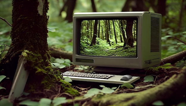 Stary komputer retro w lesie Generative AI