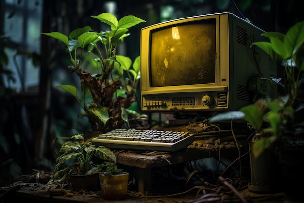 Zdjęcie stary komputer wśród zielonych roślin w nocy