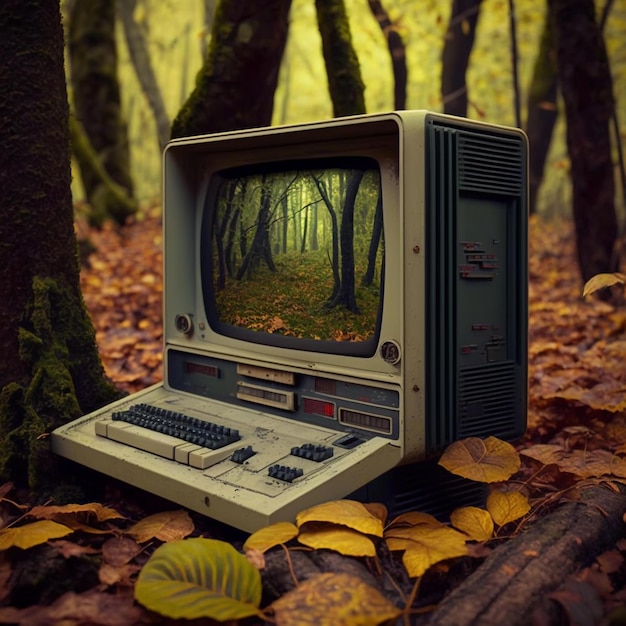 Stary komputer z ekranem ukazującym leśną scenę.