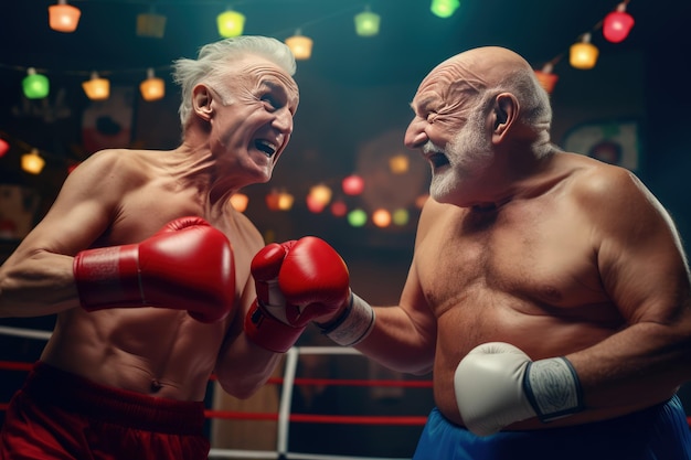 Stary męski zawodowy bokser walczy z innym mężczyzną pełnym siły i energii