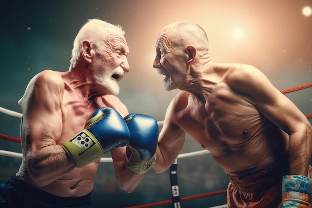 Stary męski zawodowy bokser walczy z innym mężczyzną pełnym siły i energii