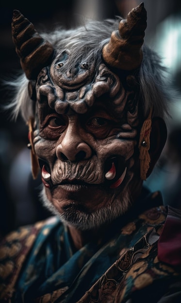 Stary mężczyzna Portret wojownika w stylu japońskim w przerażającej masce Piękny obraz ilustracji
