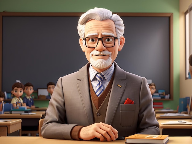 Stary nauczyciel w okularach i garniturze stoi przed klasą.