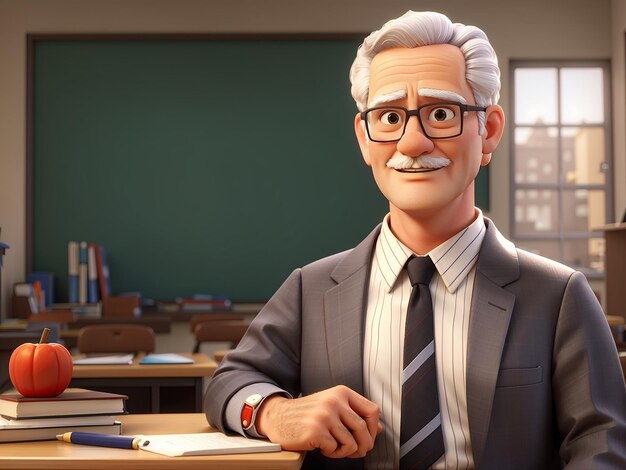 Stary nauczyciel w okularach i garniturze stoi przed klasą.